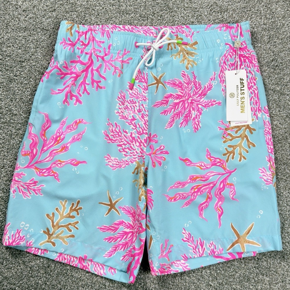 Lilly Pulitzer Mens Stuff Del Lago 6" Swim Trunks Small Coral Print NWT